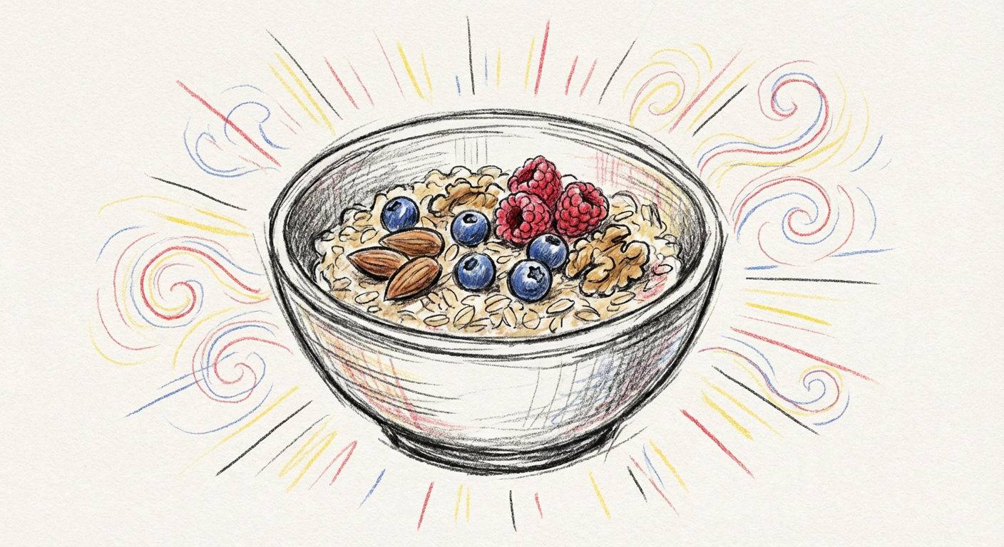 Vibrant bowl of oatmeal with berries and nuts.