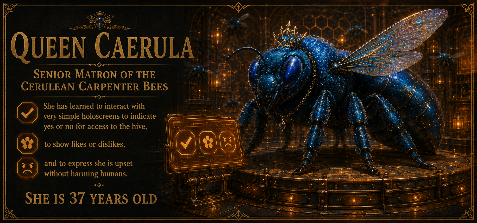 Queen Caerula, Senior Matron of the cerulean carpenter bees.