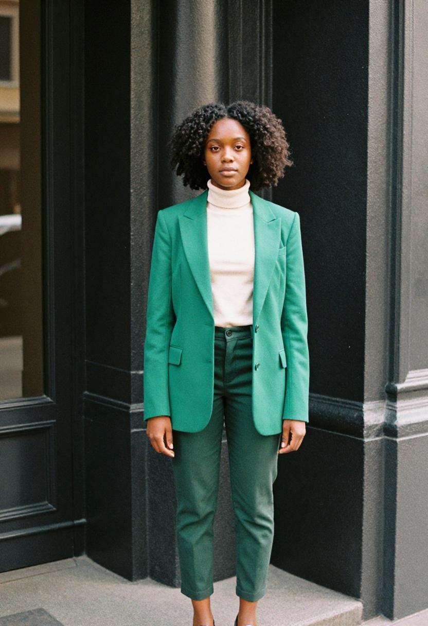 Ivory turtleneck under an emerald green structured blazer for polished spring professional sophistication