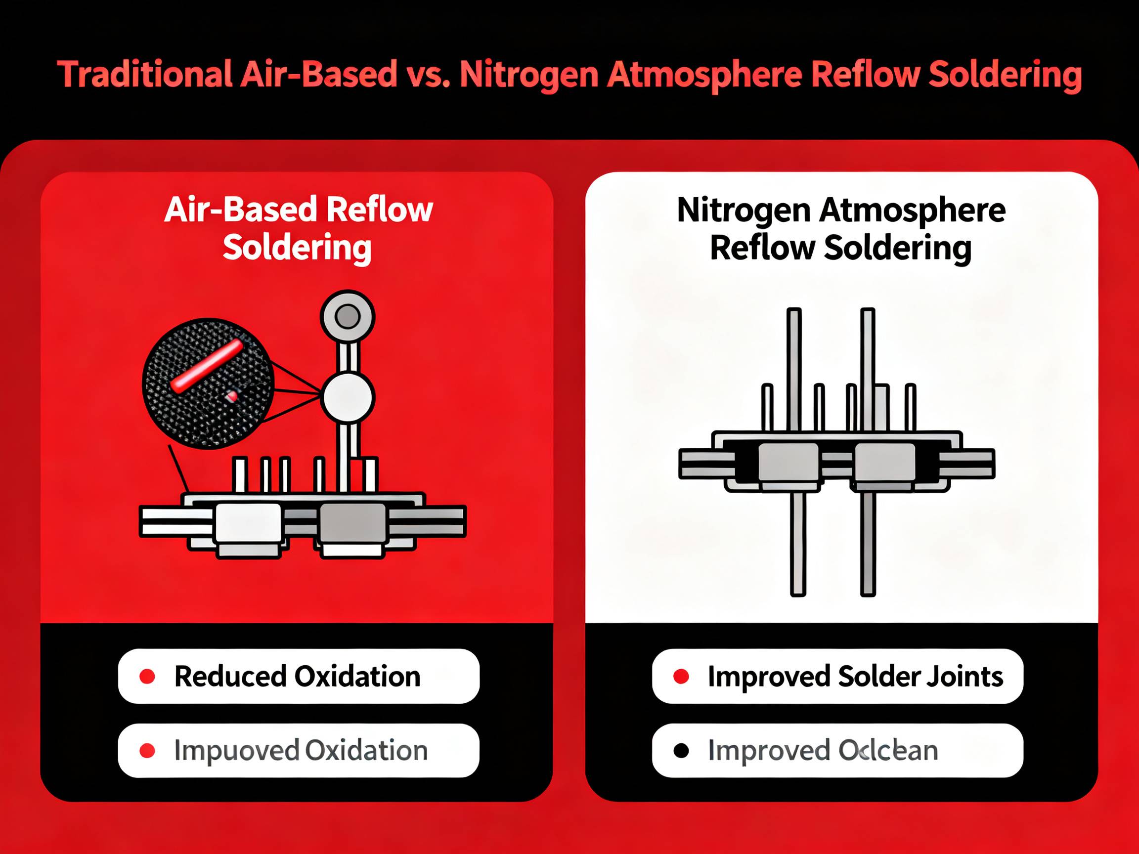 Mastering Nitrogen Reflow Soldering: Comprehensive Guide for SMT and SMD Success - S&M Co.Ltd Traditional vs nitrogen soldering reduction oxidation.