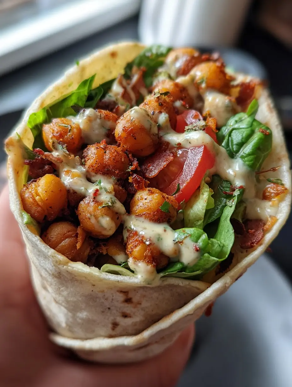 A colorful vegan chickpea wrap filled with spiced chickpeas, fresh vegetables, and tahini sauce, served as a healthy lunch option.