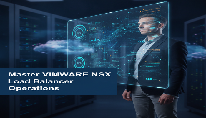 Master VMware NSX Load Balancer Operations Confident IT professional overseeing a holographic display of optimized network traffic and load balancing metrics, representing mastery of VMware NSX load balancer operations and the 5V0-43.21 certification.
