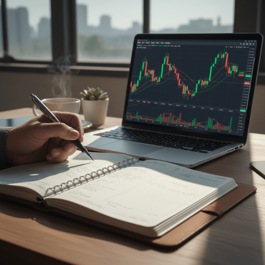 يد تكتب في مفكرة تداول بجانب لابتوب يعرض رسوم بيانية