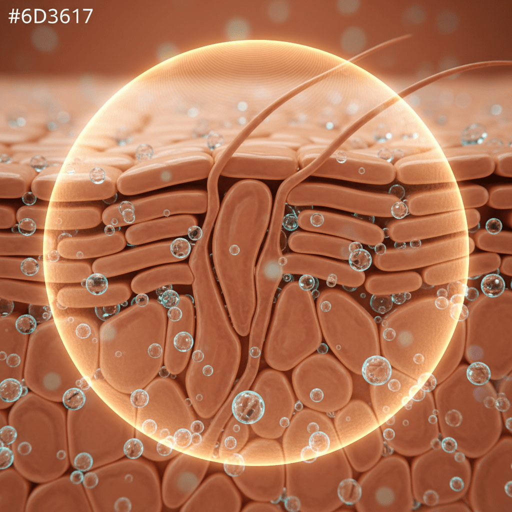 A clean dermatology-style close-up showing a hydrated skin barrier with water molecules
