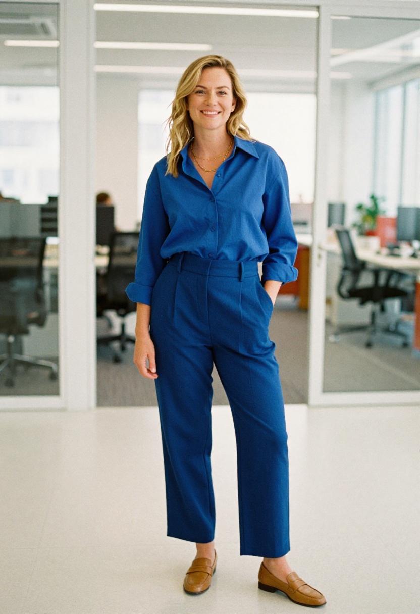 Cobalt blue structured shirt and camel wide-leg trousers in creative workplace