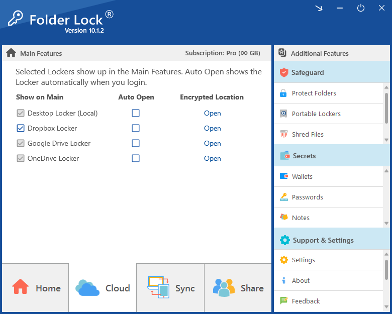 Folder Lock locker settings screen for password protected storage