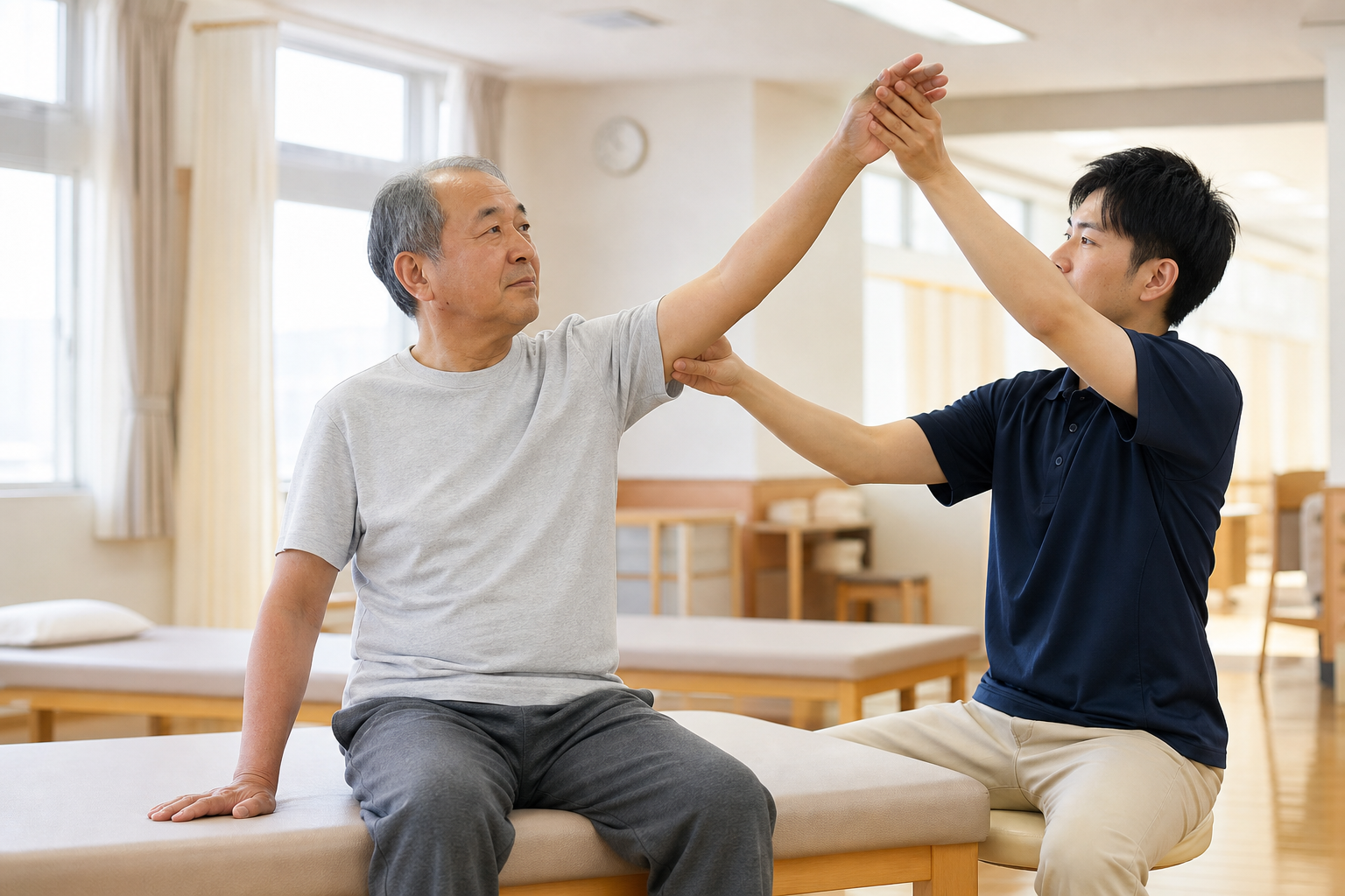 脳卒中後の方がセラピストと上肢の斜め運動に取り組む様子