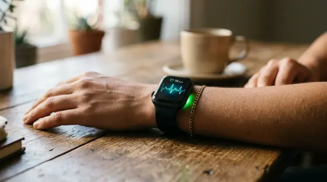 Close-up of smartwatch on wrist with green heart rate sensor glowing, warm morning light