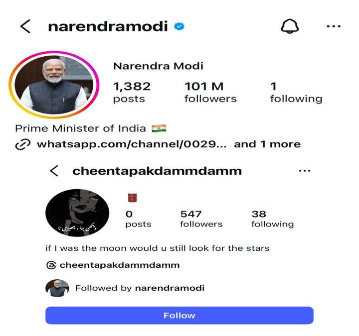 Modi’s Instagram Briefly Follows Mystery Private Account, Sparks Online Buzz