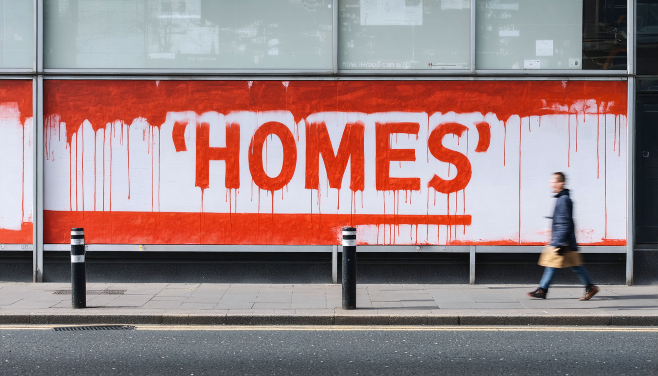 Red spray-painted word 'HOMES' over a faded marketing slogan on construction hoarding on a London street.