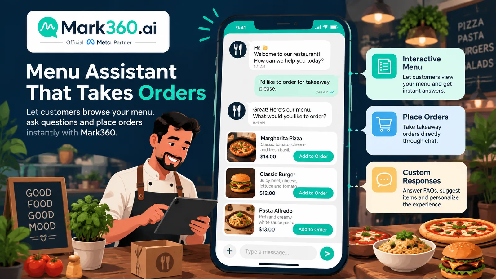 Restaurant WhatsApp menu chatbot taking a takeaway order with item list messages