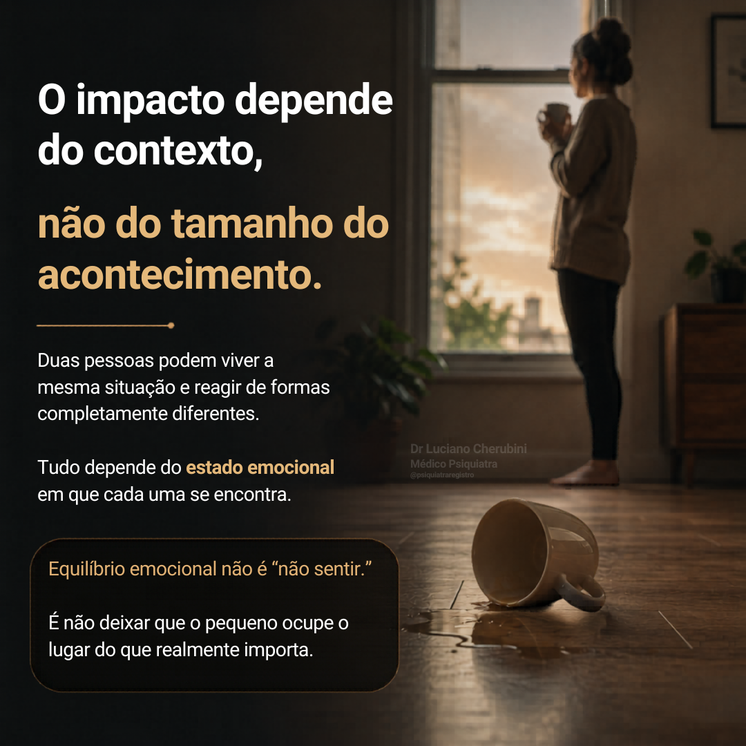Pessoa observando uma pequena xícara derramada enquanto a frase destaca que o impacto emocional de um acontecimento depende do contexto psicológico e não apenas do tamanho do problema.