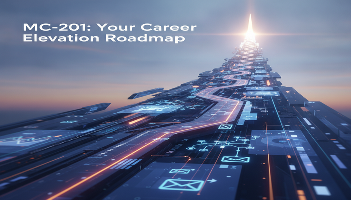 MC-201: Your Career Elevation Roadmap A glowing digital roadmap ascends towards a bright, distant peak, featuring abstract elements of marketing automation and data streams, symbolizing career growth and expertise gained through the Salesforce Marketing Cloud Account Engagement MC-201 certification.