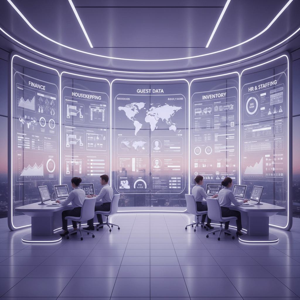 Unified hotel operations dashboard with finance, housekeeping, inventory, and guest data