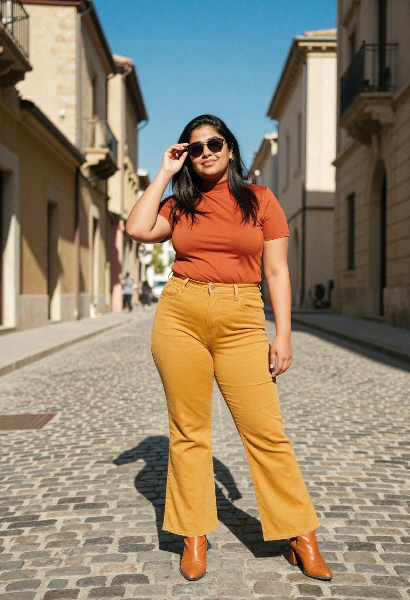 Curvy woman in mustard yellow flare jeans and rust turtleneck against European stone streets