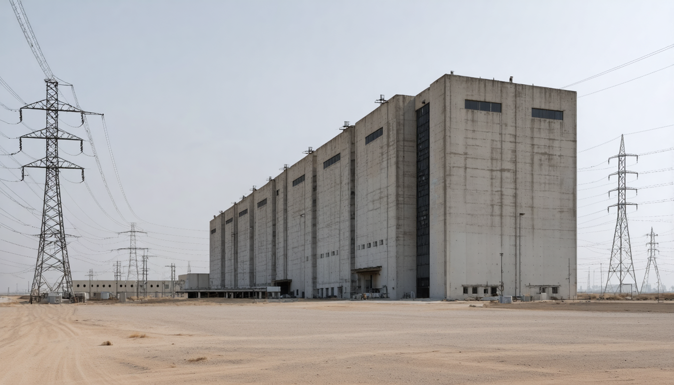 A vast concrete industrial structure surrounded by electrical infrastructure, with heat distortion rising from its surface, under a hazy sky.