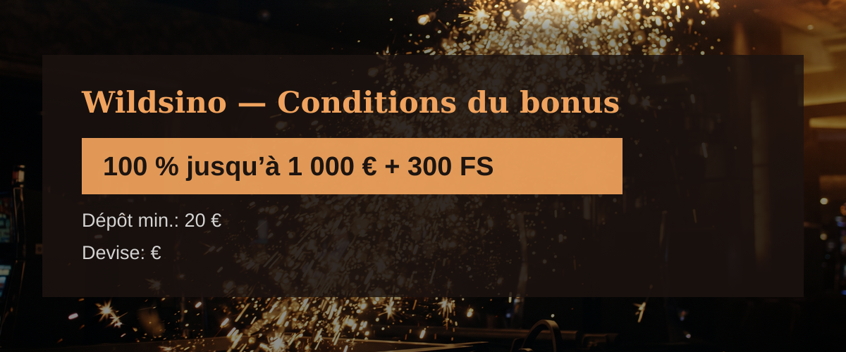 Wildsino — Conditions du bonus: 100 % jusqu’à 1 000 € + 300 FS