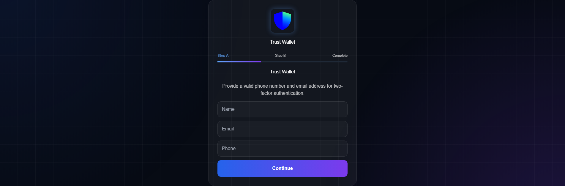 Forensic screenshot of trustwallet.com-two-factor-authentication09.ao.yesixrq.com showing the phishing page layout