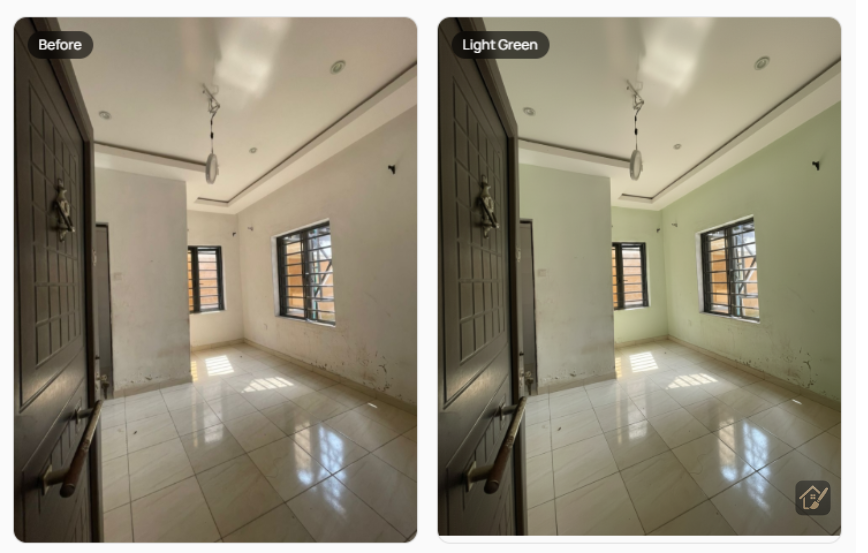 white to light green wall color change before and after room design preview