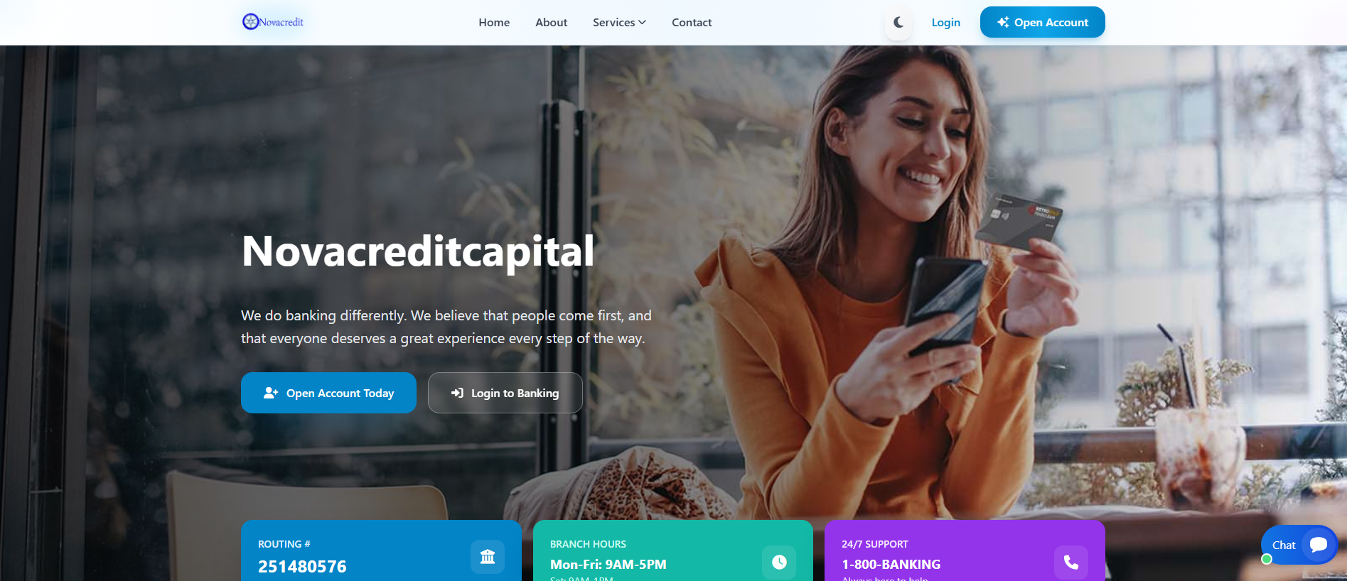 Forensic screenshot of novacreditcapital.com showing the phishing page layout