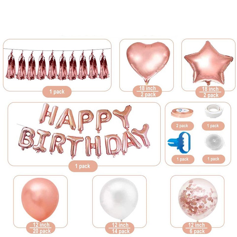 Rose Gold Happy Birthday Balloon Decoration Kit - Foil Letter Balloons, Confetti Latex Balloons, Tassel Garland, Heart & Star Shapes - Complete Party Backdrop Set for Women, Girls, Bridal Shower, Photo Booth - Easy Setup Party Supplies