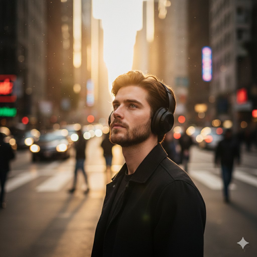 Cinematic medium shot of a man with wavy brown hair standing still in a crowded, blurred city street
