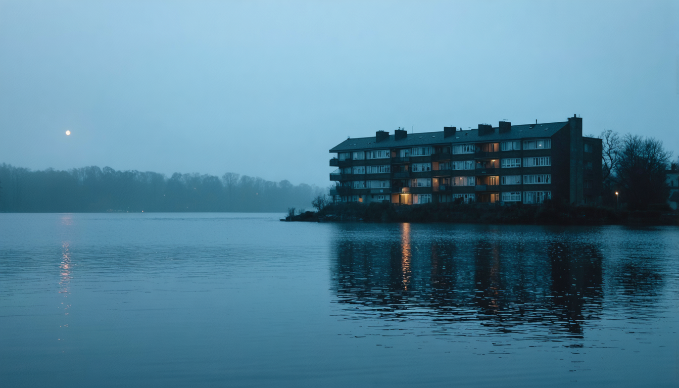 A single lit window in a large dark building seen across water at dawn, soft rain on the surface.