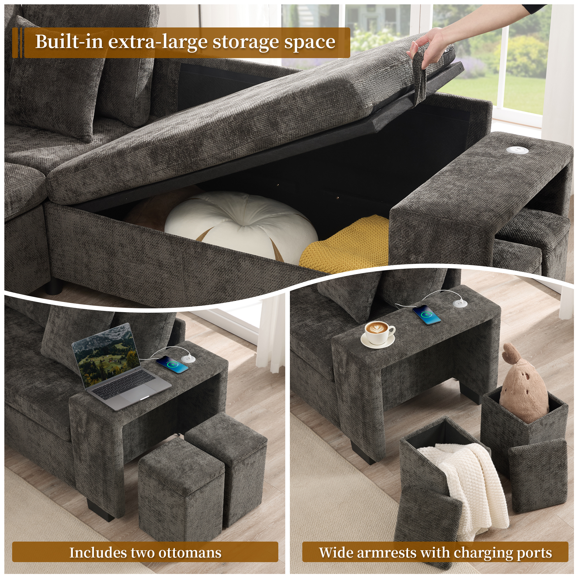Canapé d'angle convertible beige dans le salon