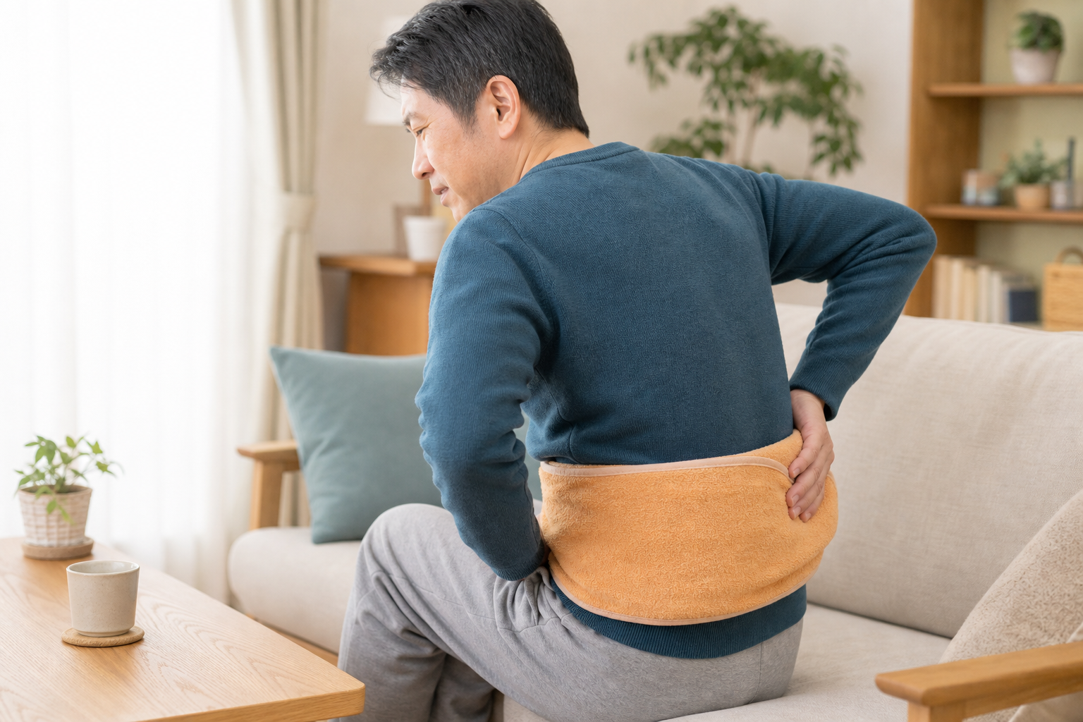 急性腰痛時にタオルで包んだ温熱パックを腰に当てる様子