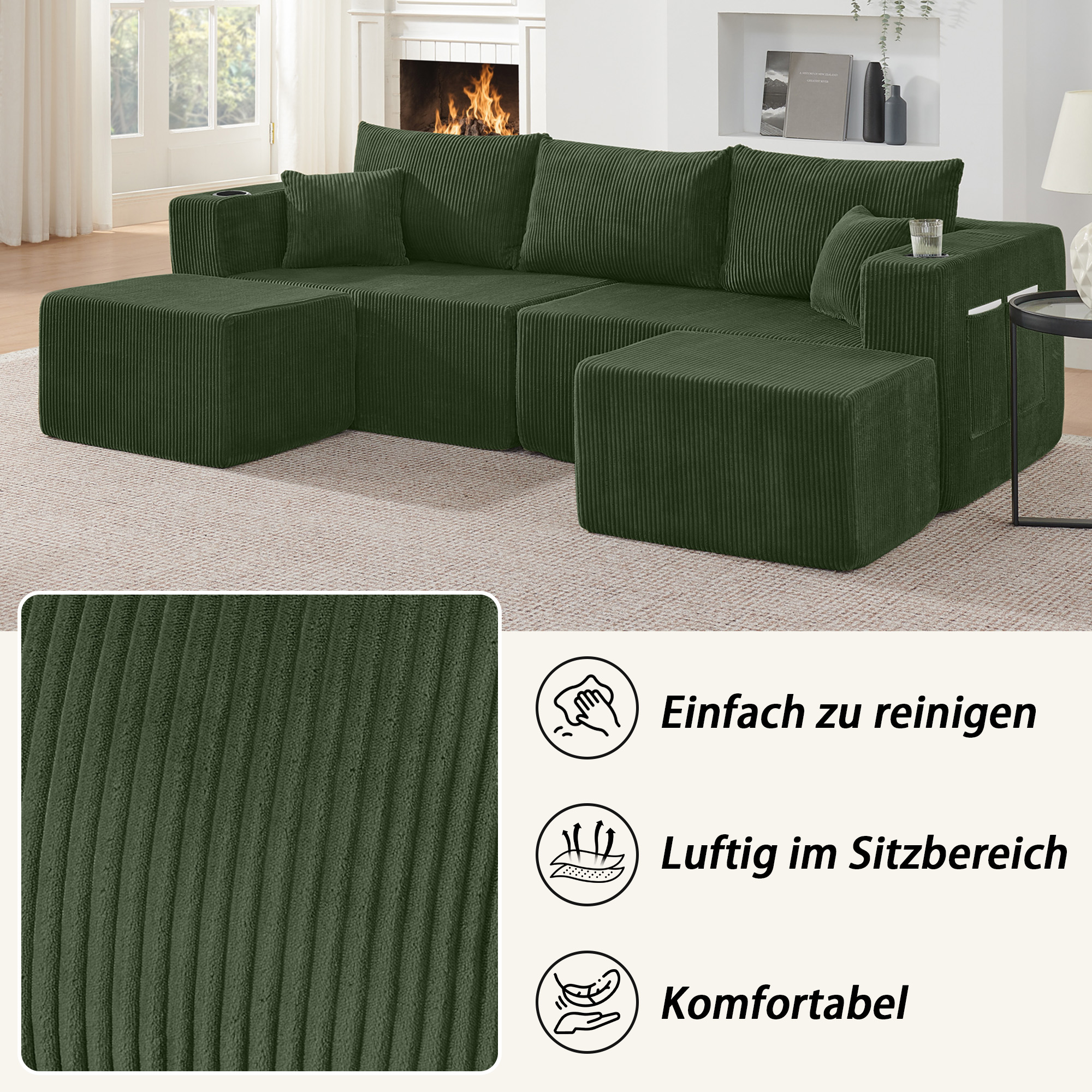 Canapé d'angle modulable vert dans le salon