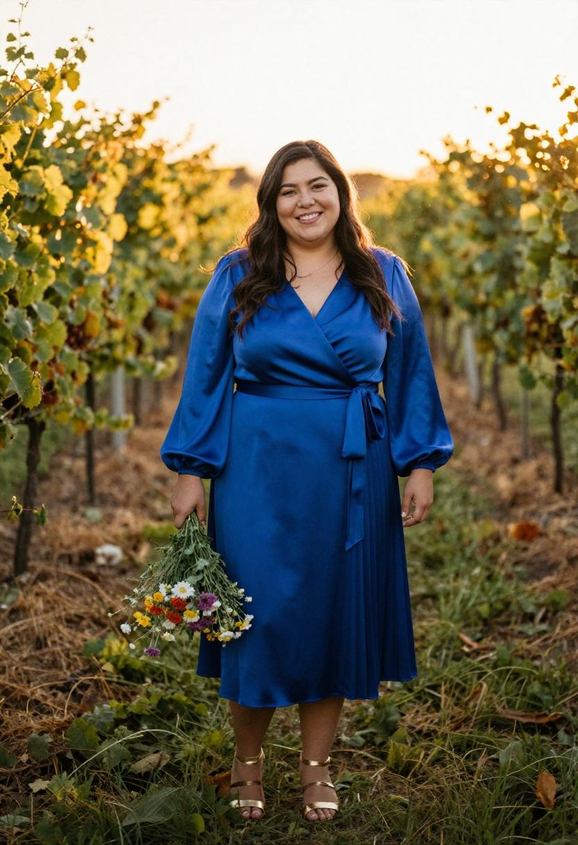 Plus size woman in cobalt blue satin wrap dress with pleated midi skirt and golden accessories at vineyard golden hour