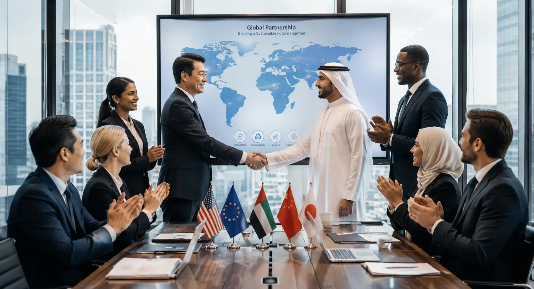 International business team collaborating on renewable energy partnerships