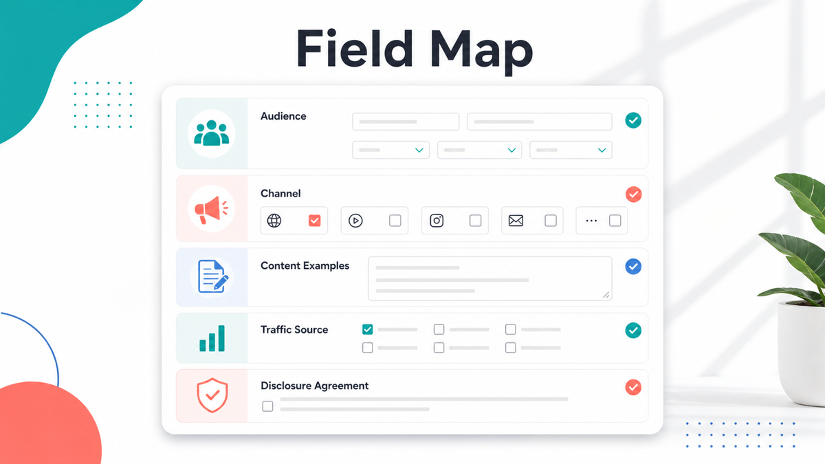 Field map for an affiliate application form template for SaaS programs