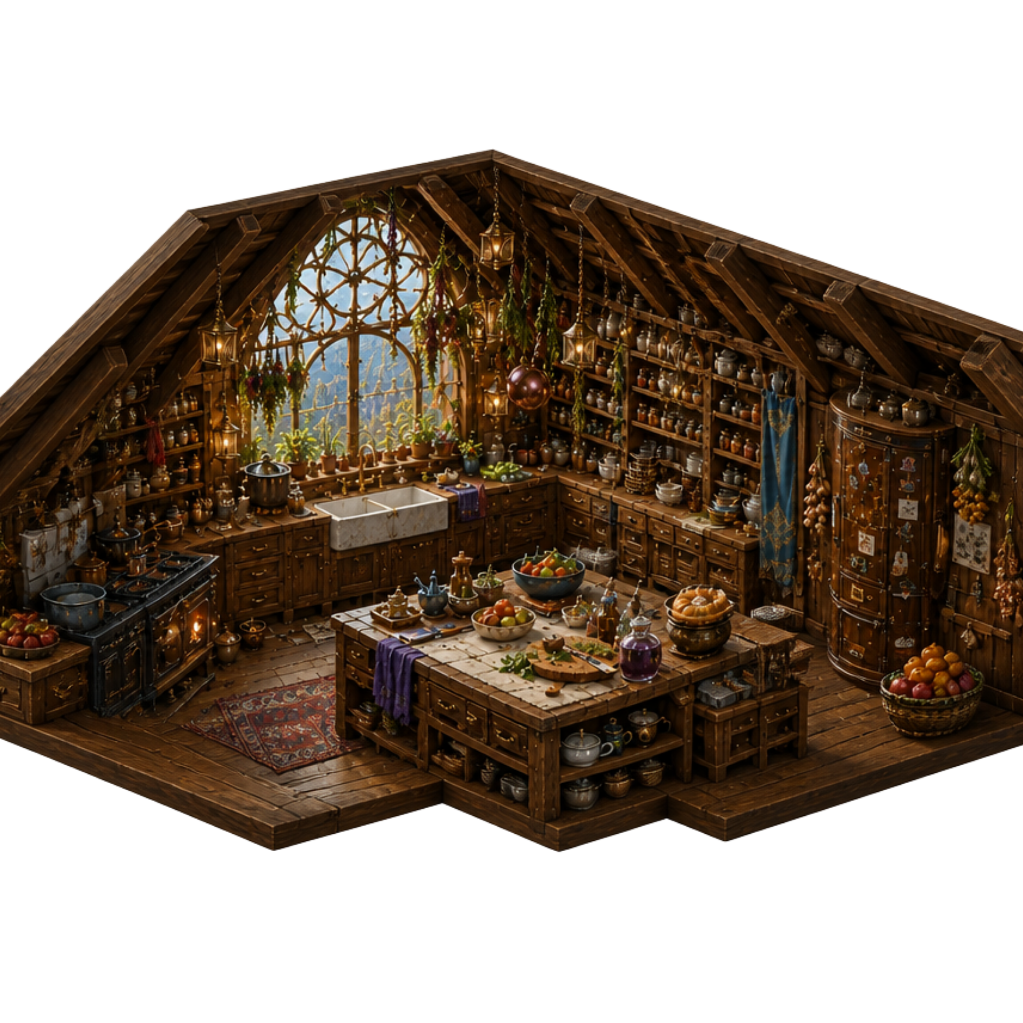 The Spill Nest kitchen with warm wood, shelves, cookware, herbs, lamps, and a central table.