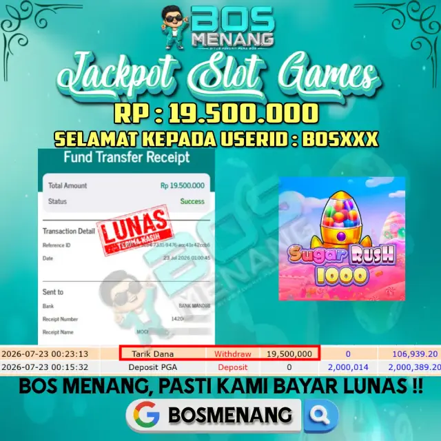 Tanggal 23 JULI 2026 - JACKPOT SLOT GAMES - Sugar Rush 1000 (PRAGMATIC PLAY)  Rp 19.500.000,-