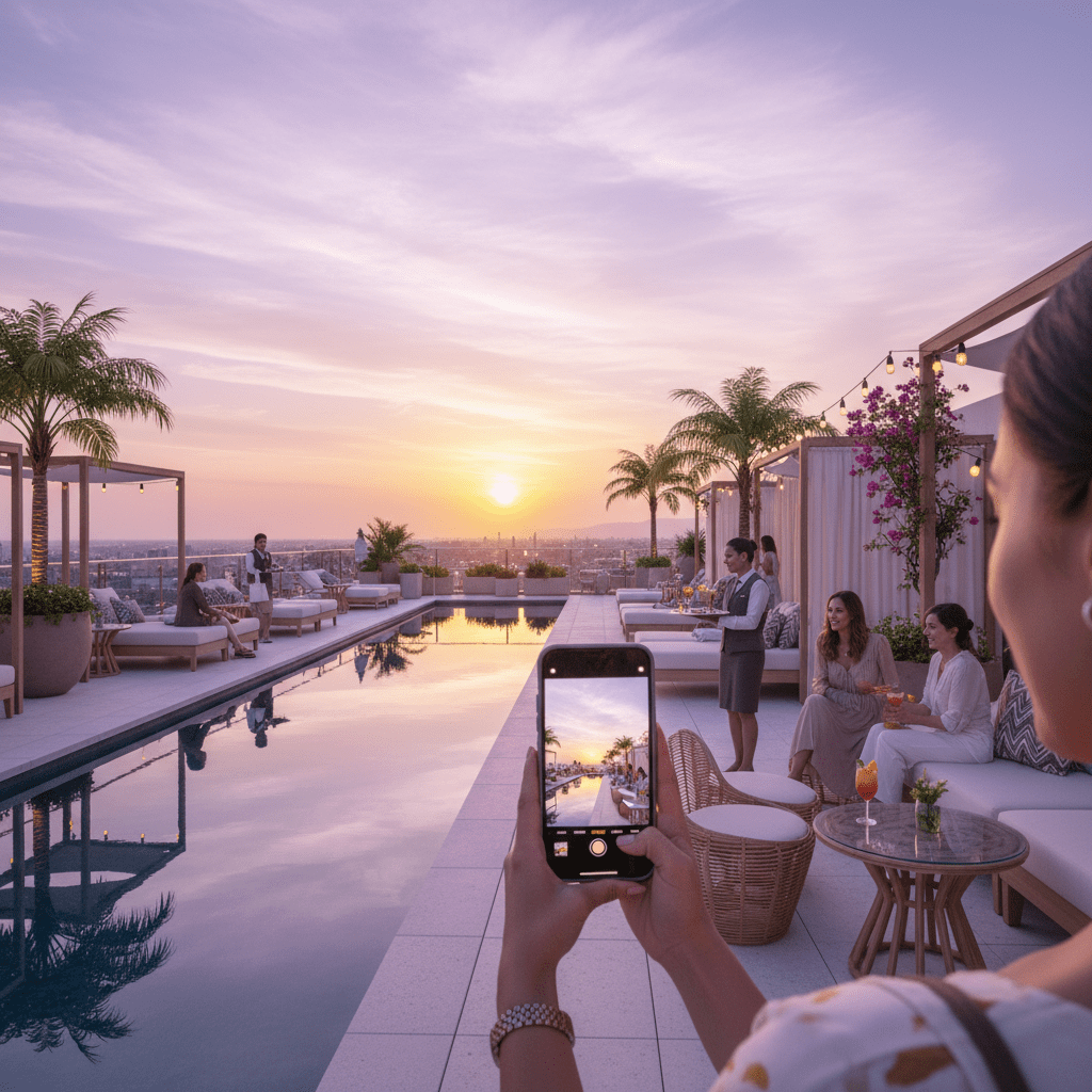 Boutique hotel rooftop creator filming a room tour at sunset