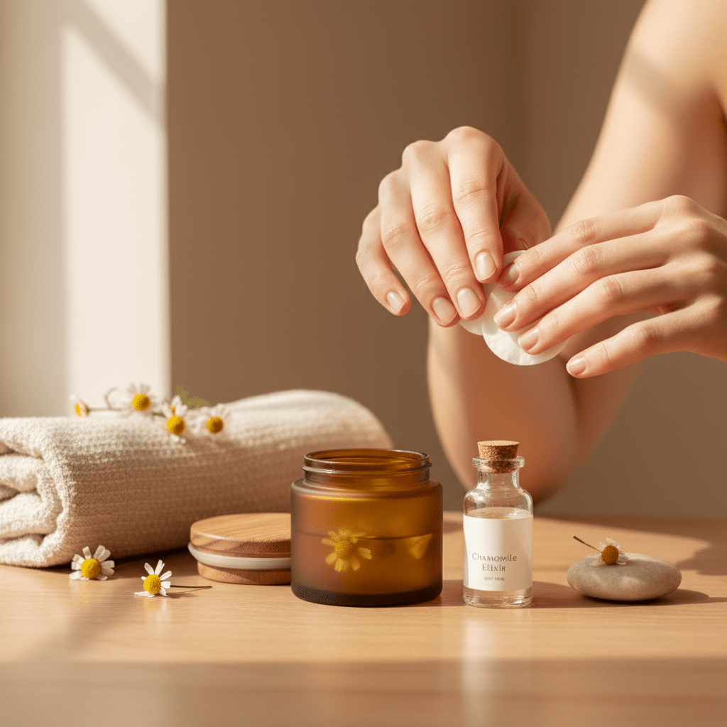 A calming skincare scene with chamomile water in an amber jar, cotton pads, and a soft neutral spa setup