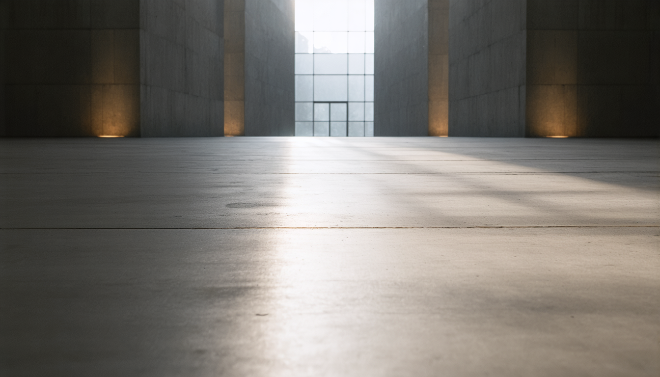 An empty concrete floor in a modernist building, light falling from an unseen high window, casting long shadows across the bare surface.