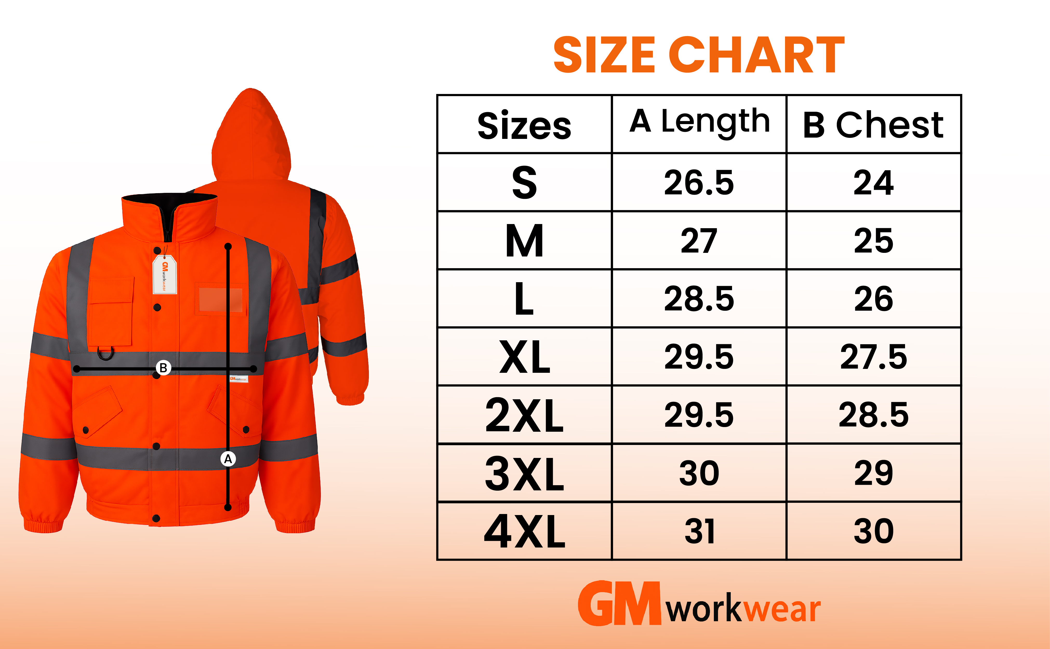 Hi-Vis Padded Bomber Jacket Size Chart Measurements