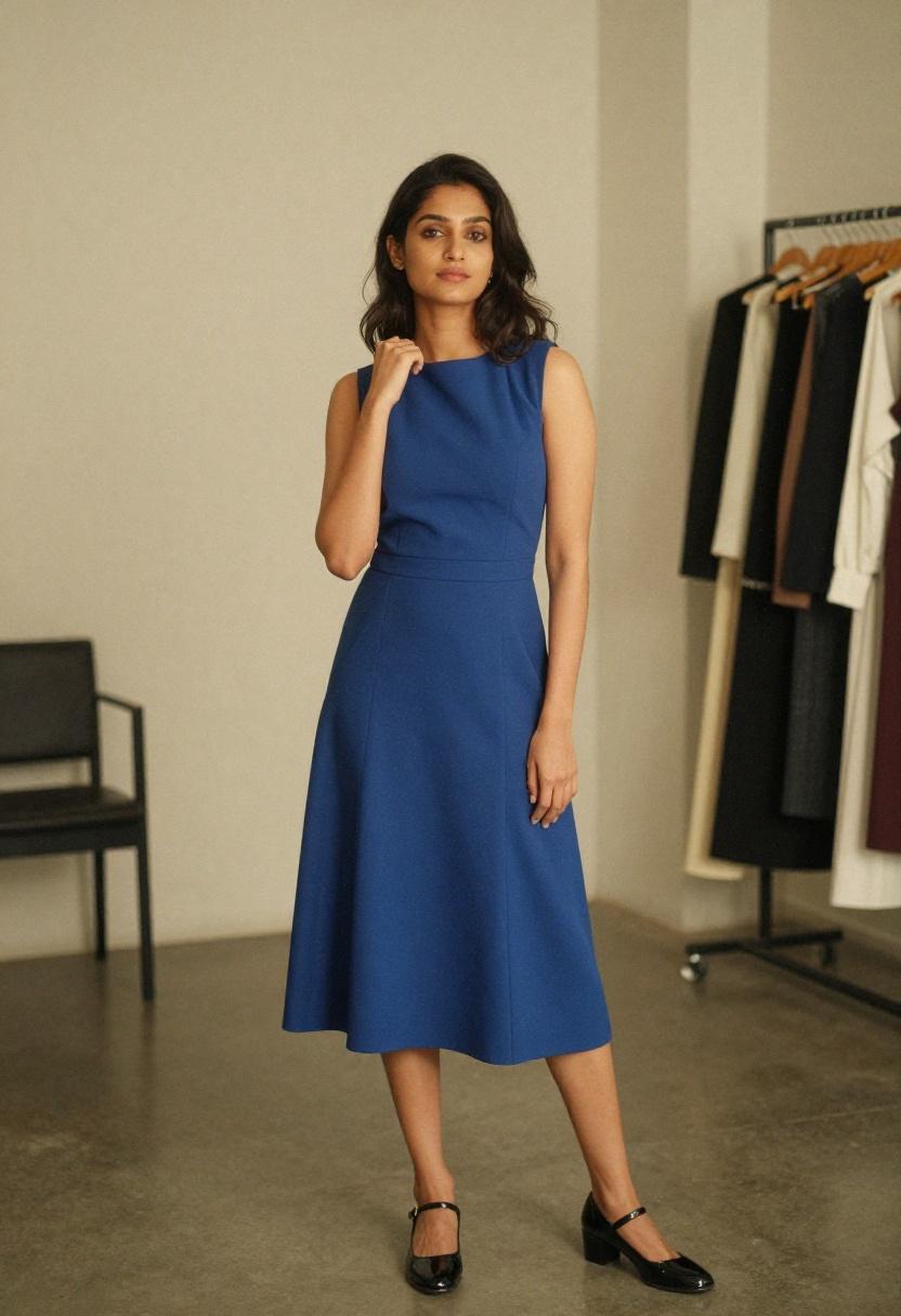 Cobalt blue midi dress with patent Mary Janes for polished studio-lit professional look