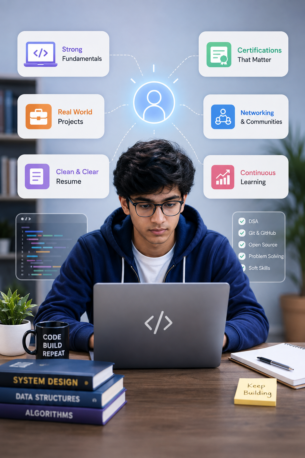Young computer science student working on laptop surrounded by key skill areas including strong fundamentals, real world projects, certifications, networking, clean resume, and continuous learning