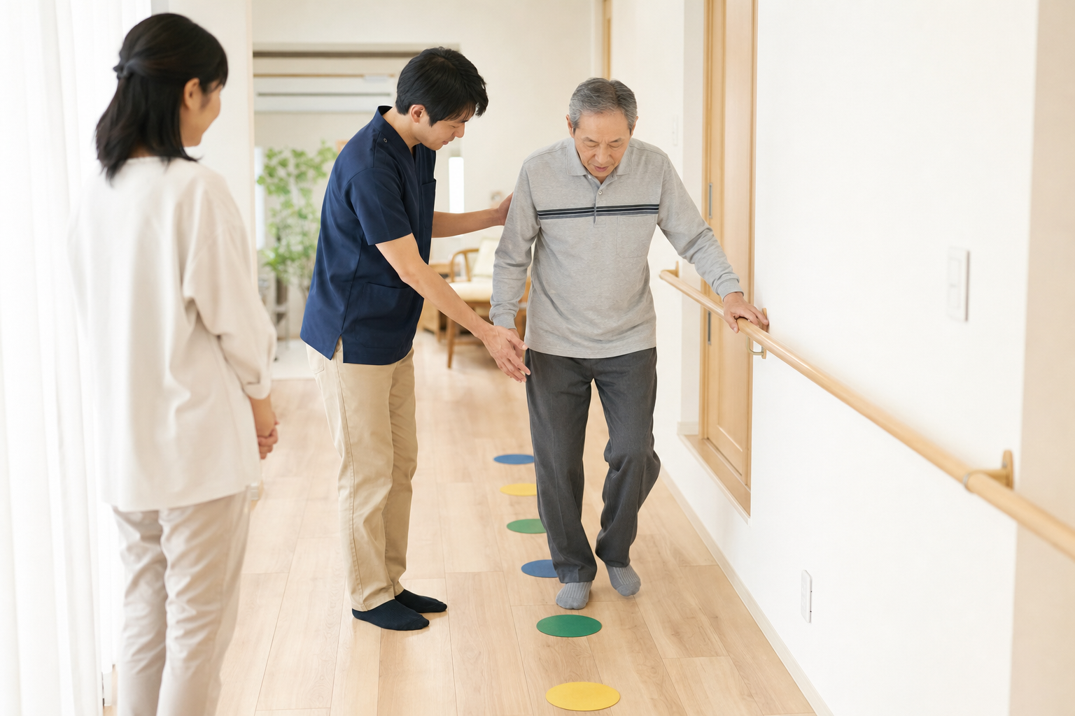 進行性核上性麻痺の方が手すりと専門職の見守りを利用して歩行と視線移動を練習する場面