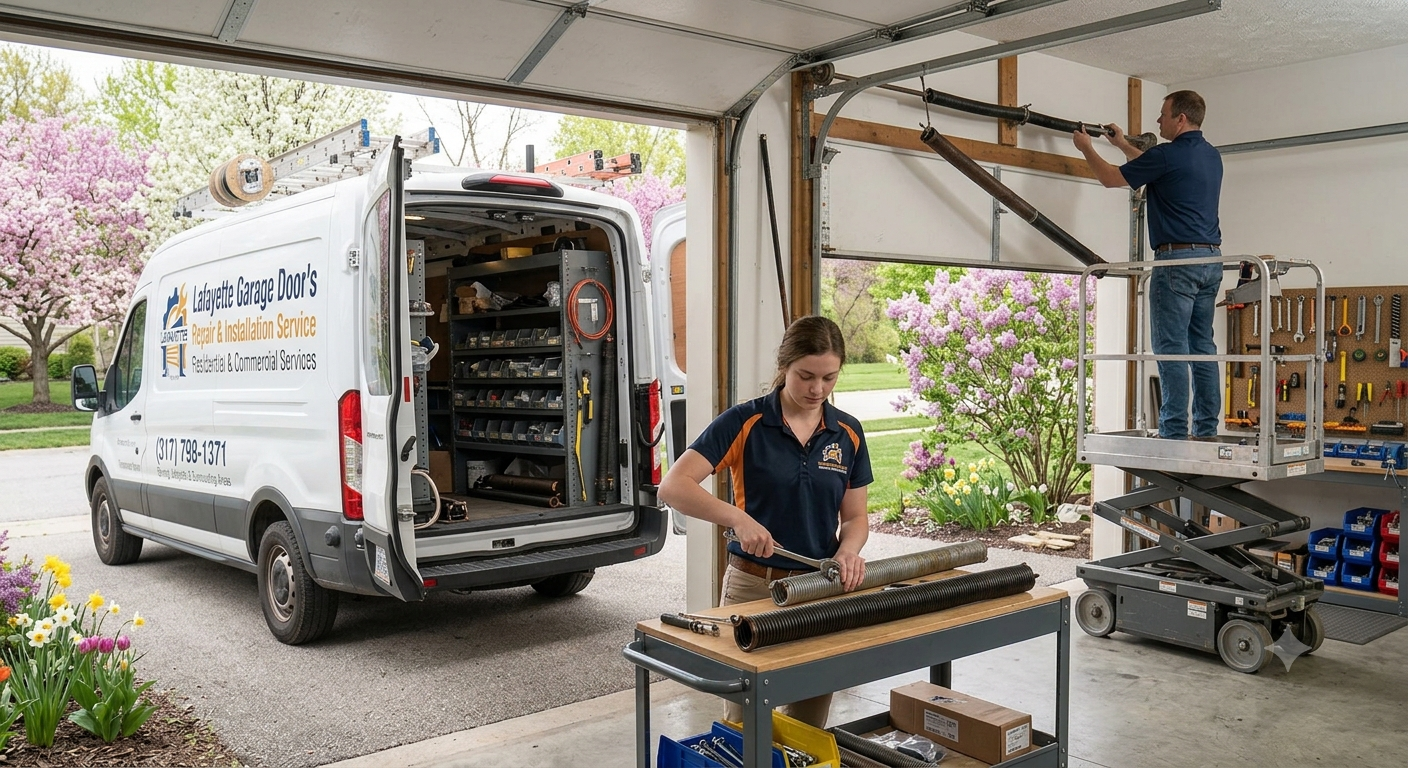 Garage door technician performing a repair in Indianapolis, IN
