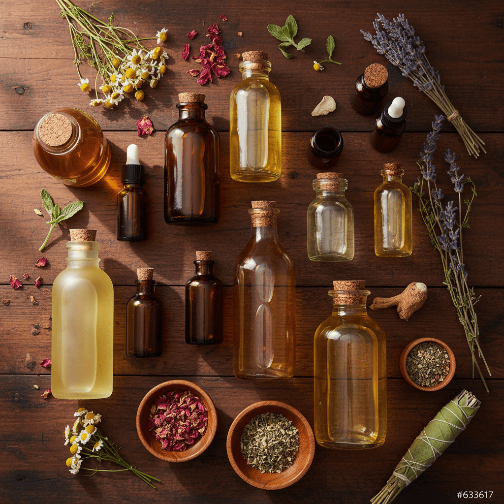 Serene wellness flat lay with oil bottles and herbs