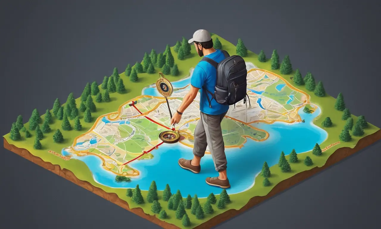 Una persona caminando en un camino espiritual con un mapa y brújula en la mano.