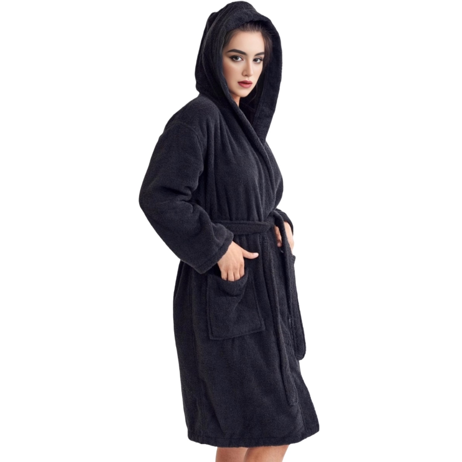 Women's Terry Black Bathrobe, Hooded (Small/Medium) | Soft, Comfy, and Absorbent | for After the Shower or Spa