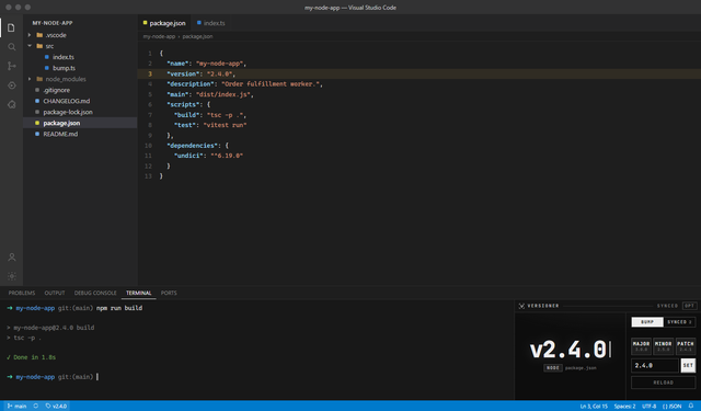 The VersionER HUD sitting beside the integrated terminal, reading v2.4.0 for a synced Node project