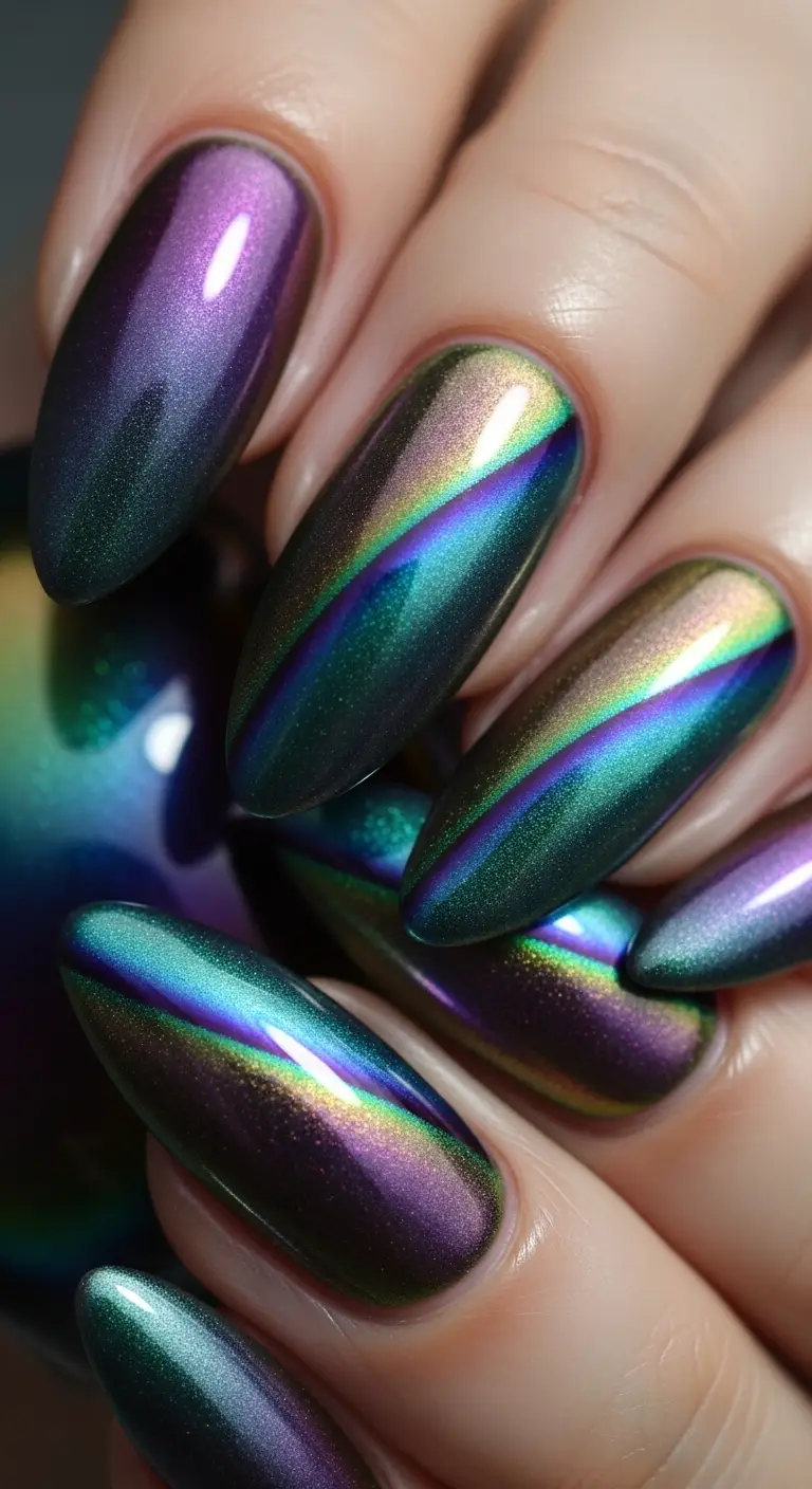 Iridescent Magnetic Cat Eye Almond Nails