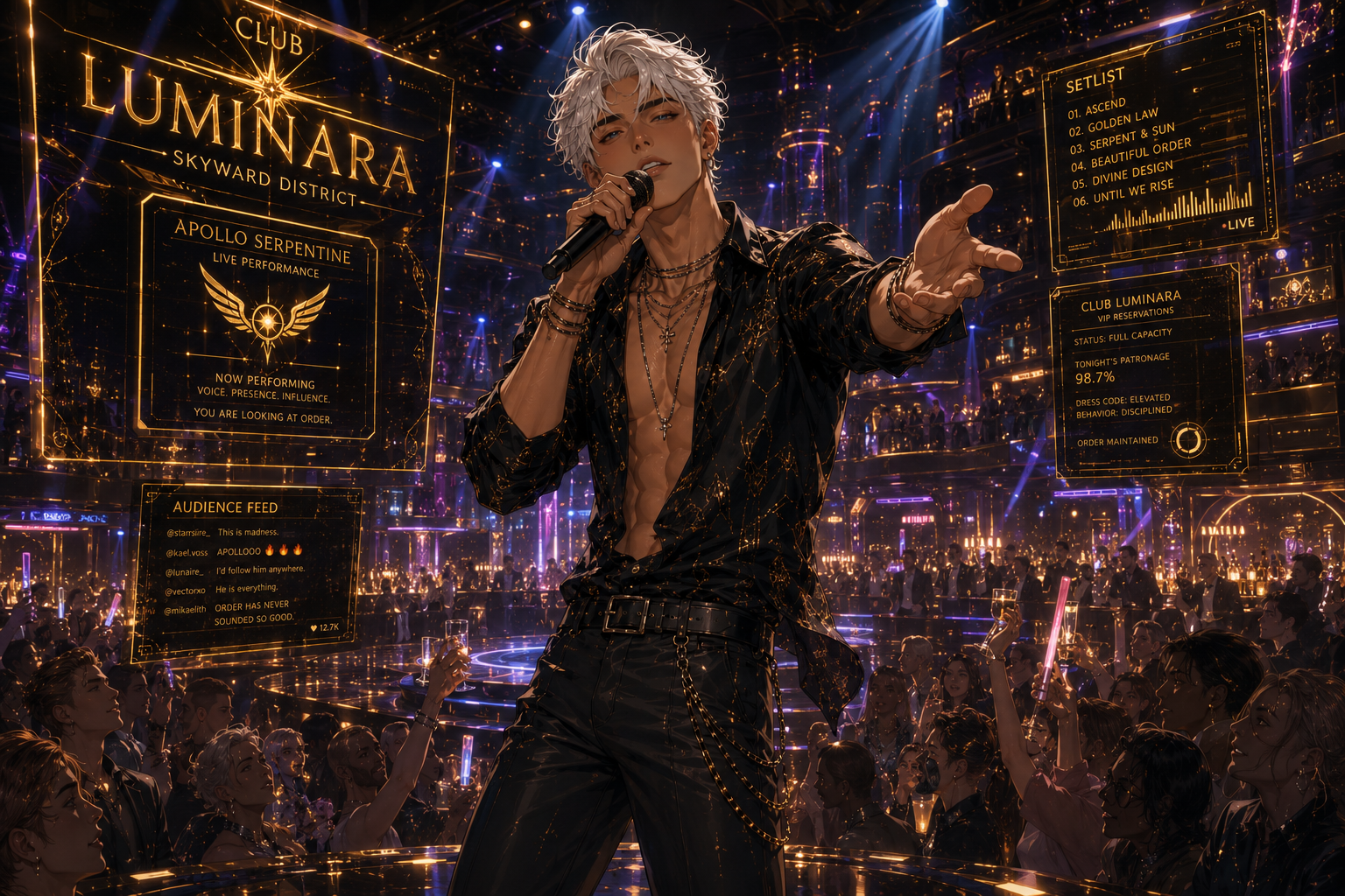 Apollo Serpentine singing in Luminara Club, surrounded by gold panels, purple lighting, cheering crowds, and nightclub displays