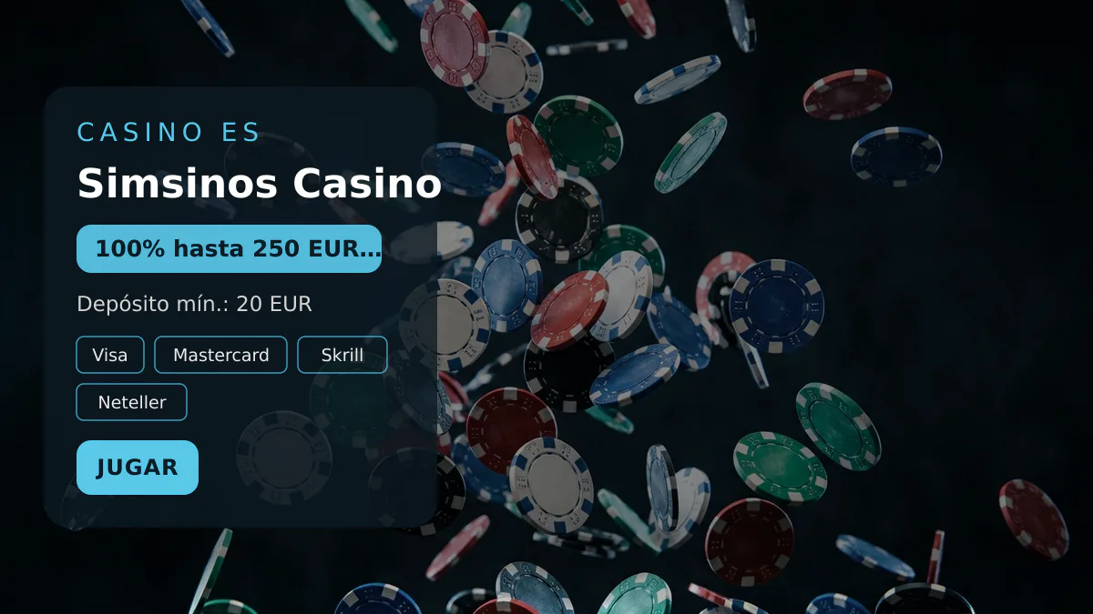 Simsinos Casino — bono de bienvenida 100% hasta 250 EUR + 20 FS, pagos: Visa, Mastercard, Skrill, Neteller, Paysafecard